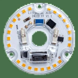 : Circular OptoDrive Lilly60 AC 230VAC LED light engine with a central wire hole and poke-in wiring connectors.