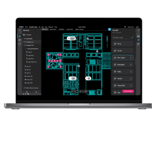 ProtoPixel Project Tool showing a lighting floor plan with mood controls and project elements